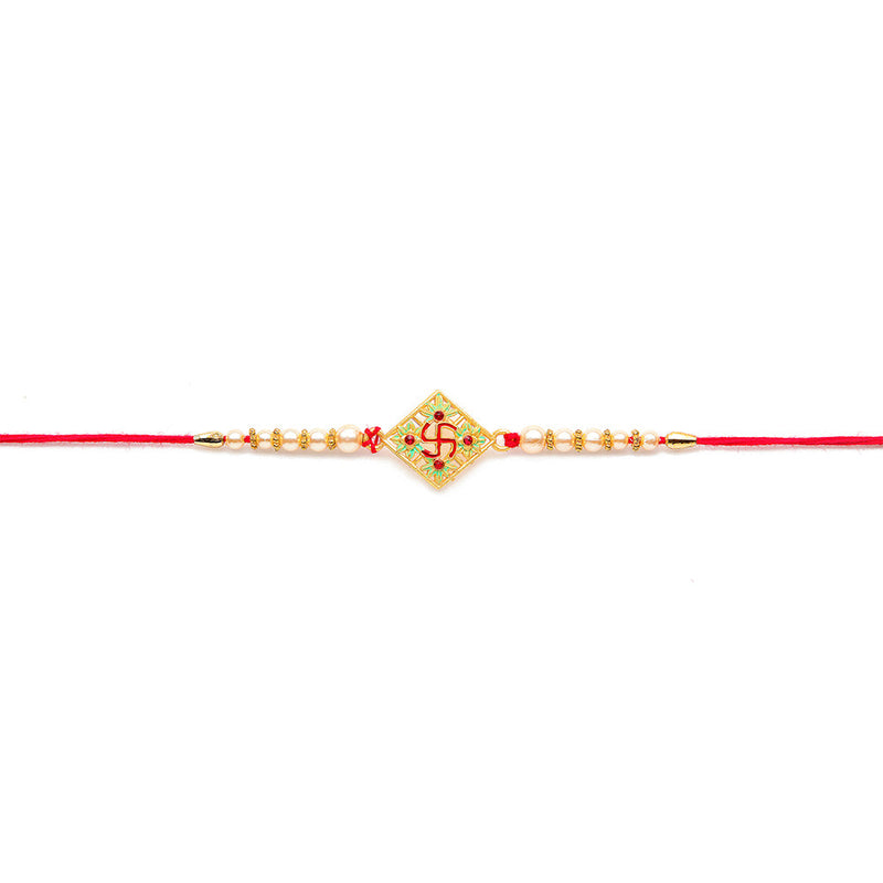 Kord Store 'Om And Swastik' Minakari Mint Green And Ruby Thread Moti Gold Finish Rakhi Set Of 2 For Brother