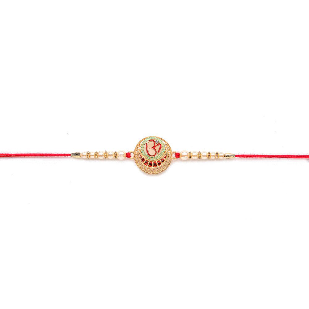 Kord Store 'Om And Swastik' Minakari Mint Green And Ruby Thread Moti Gold Finish Rakhi Set Of 2 For Brother