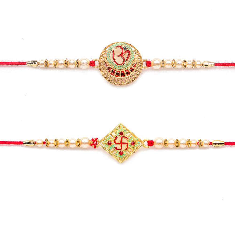 Kord Store 'Om And Swastik' Minakari Mint Green And Ruby Thread Moti Gold Finish Rakhi Set Of 2 For Brother