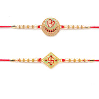 Kord Store 'Om And Swastik' Minakari Mint Green And Ruby Thread Moti Gold Finish Rakhi Set Of 2 For Brother