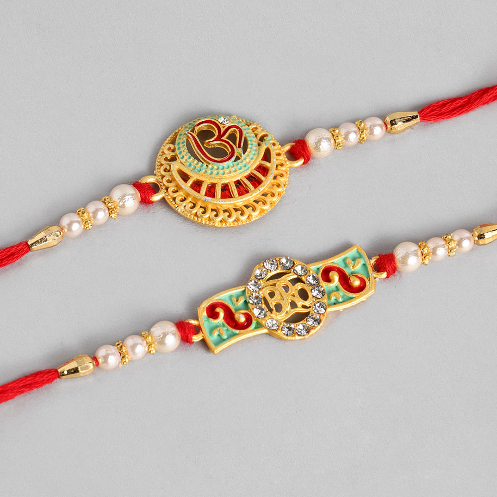 Kord Store 'Om And Bro' Design Mint Green And Ruby Minakari Thread Moti Gold Finish Rakhi Set Of 2 For Brother
