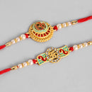 Kord Store 'Om And Bro' Design Mint Green And Ruby Minakari Thread Moti Gold Finish Rakhi Set Of 2 For Brother
