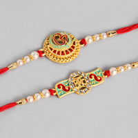 Kord Store 'Om And Bro' Design Mint Green And Ruby Minakari Thread Moti Gold Finish Rakhi Set Of 2 For Brother