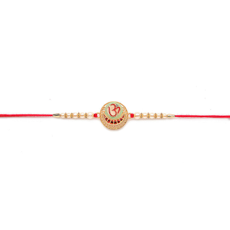 Kord Store 'Om And Bro' Design Mint Green And Ruby Minakari Thread Moti Gold Finish Rakhi Set Of 2 For Brother