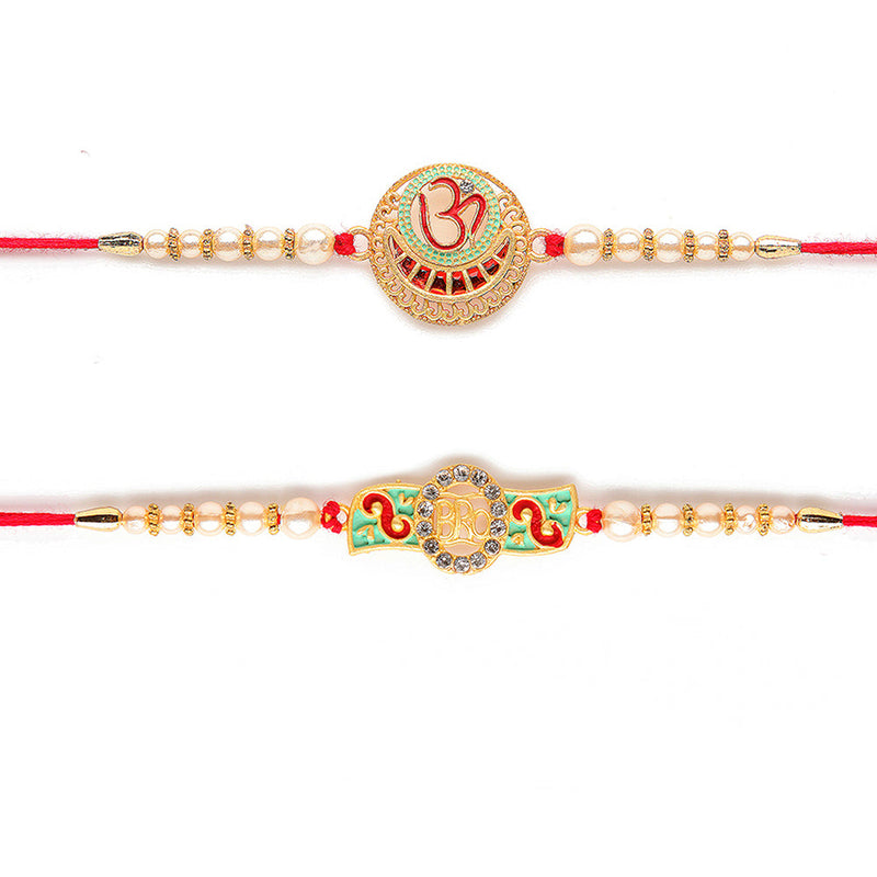 Kord Store 'Om And Bro' Design Mint Green And Ruby Minakari Thread Moti Gold Finish Rakhi Set Of 2 For Brother