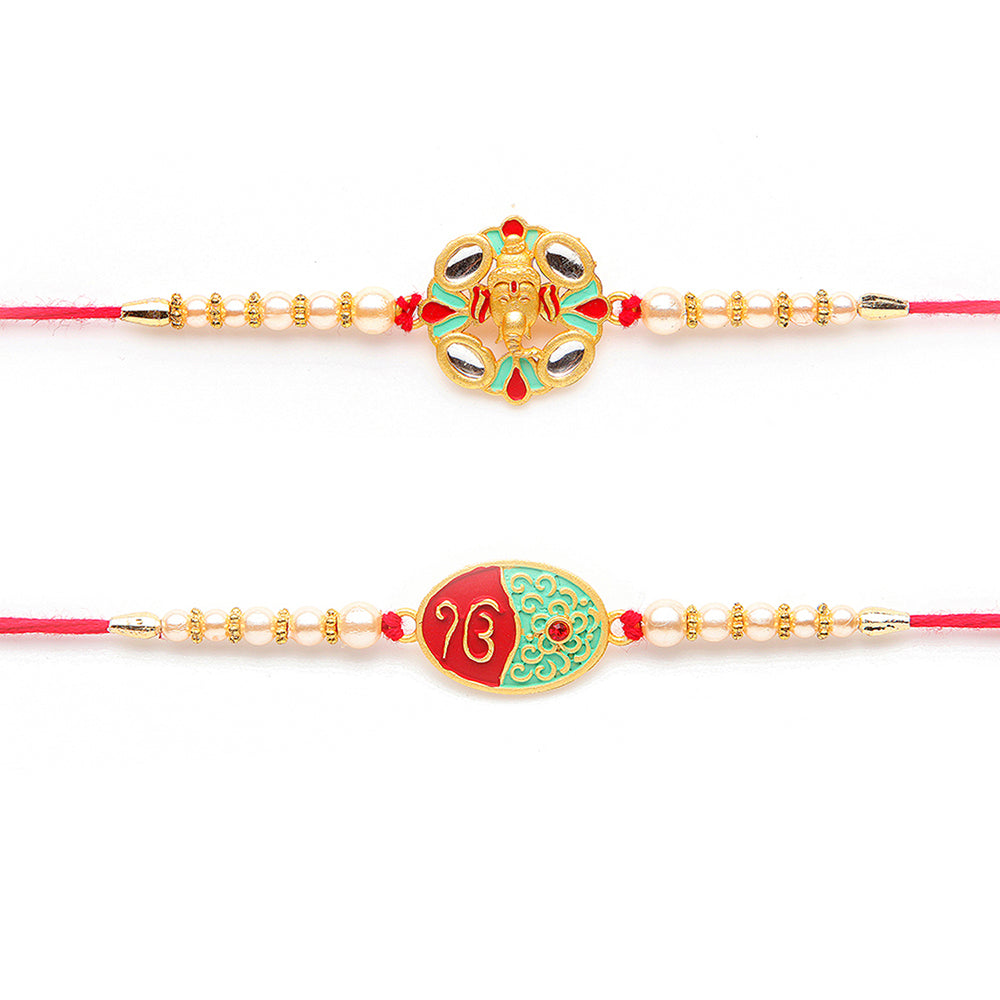 Kord Store 'Ganeshji And Sikh Holy Mark' Mint Green And Ruby Minakari Thread Moti Gold Finish Rakhi Set Of 2 For Brother