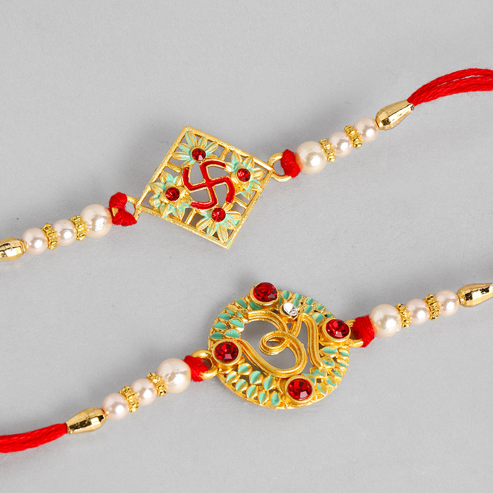 Kord Store 'Om And Swastik' Mint Green And Ruby Minakari Thread Moti Gold Finish Rakhi Set Of 2 For Brother