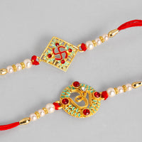 Kord Store 'Om And Swastik' Mint Green And Ruby Minakari Thread Moti Gold Finish Rakhi Set Of 2 For Brother