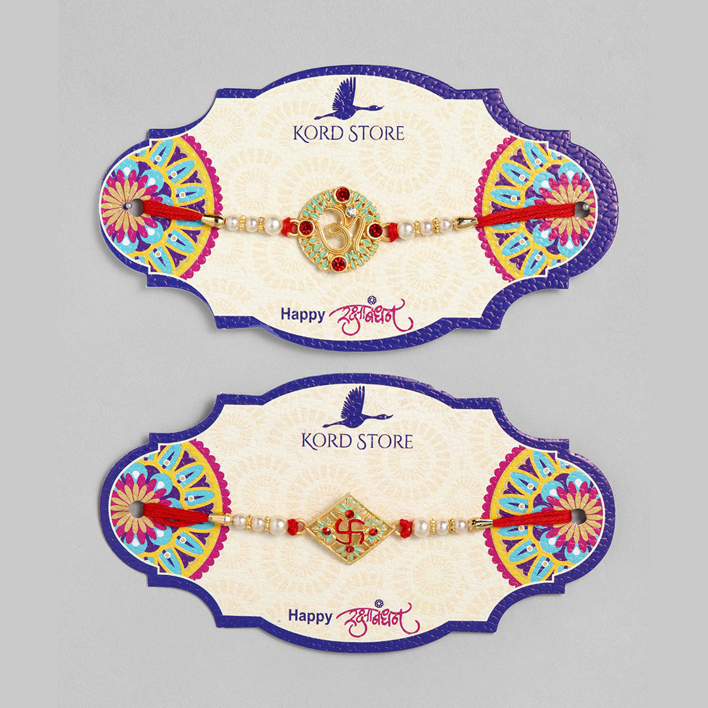 Kord Store 'Om And Swastik' Mint Green And Ruby Minakari Thread Moti Gold Finish Rakhi Set Of 2 For Brother