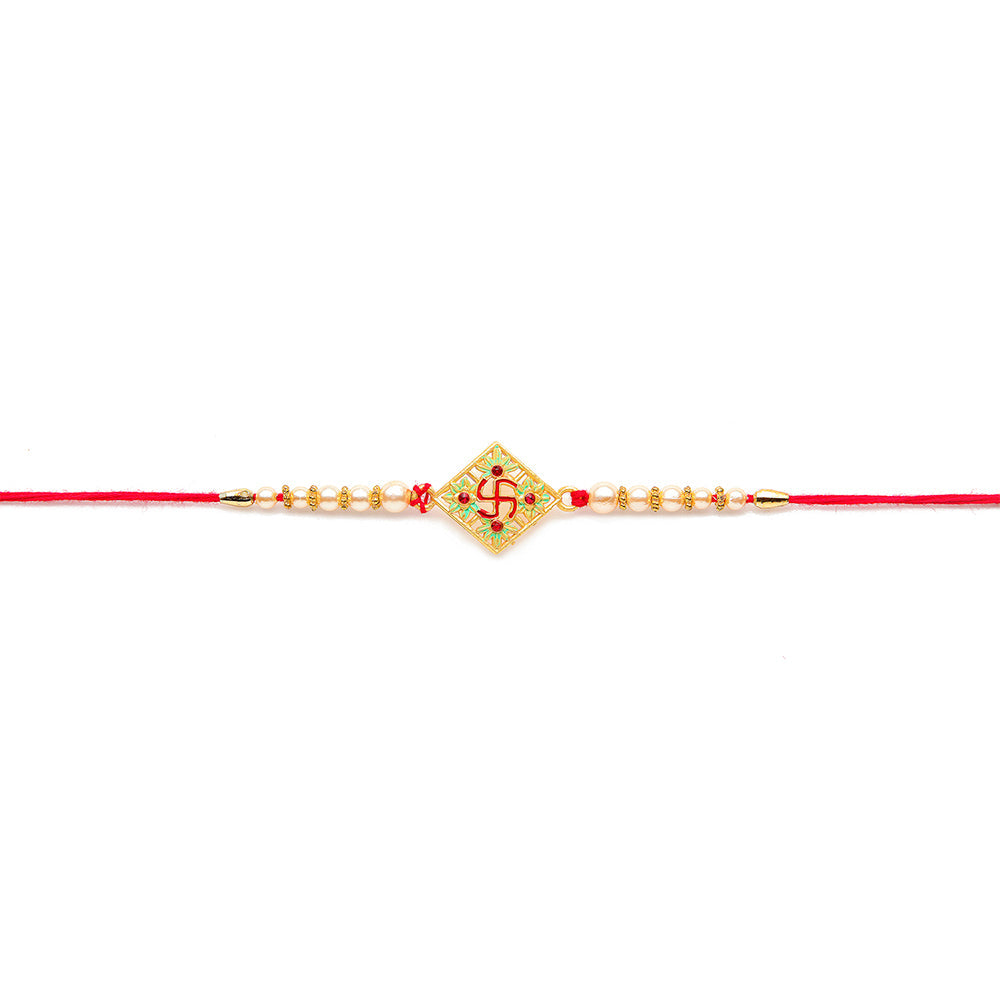 Kord Store 'Om And Swastik' Mint Green And Ruby Minakari Thread Moti Gold Finish Rakhi Set Of 2 For Brother