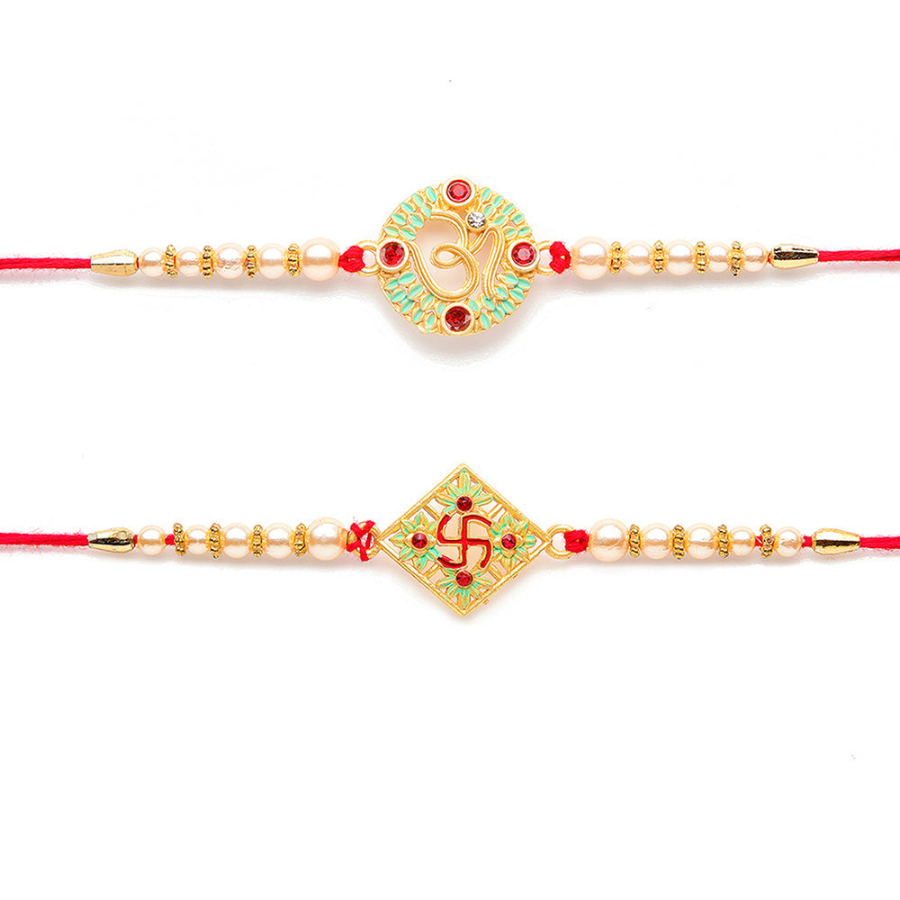 Kord Store 'Om And Swastik' Mint Green And Ruby Minakari Thread Moti Gold Finish Rakhi Set Of 2 For Brother