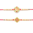 Kord Store 'Om And Swastik' Mint Green And Ruby Minakari Thread Moti Gold Finish Rakhi Set Of 2 For Brother