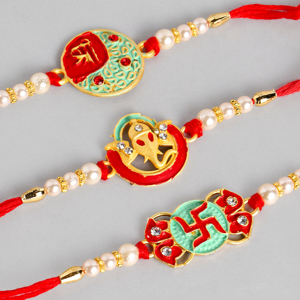 Kord Store 'Ganeshji/Swastik/Shree' Design Mint Green/Ruby Mina Multi Stone Rakhi Set Of 3 For Brother