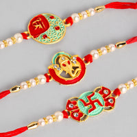 Kord Store 'Ganeshji/Swastik/Shree' Design Mint Green/Ruby Mina Multi Stone Rakhi Set Of 3 For Brother