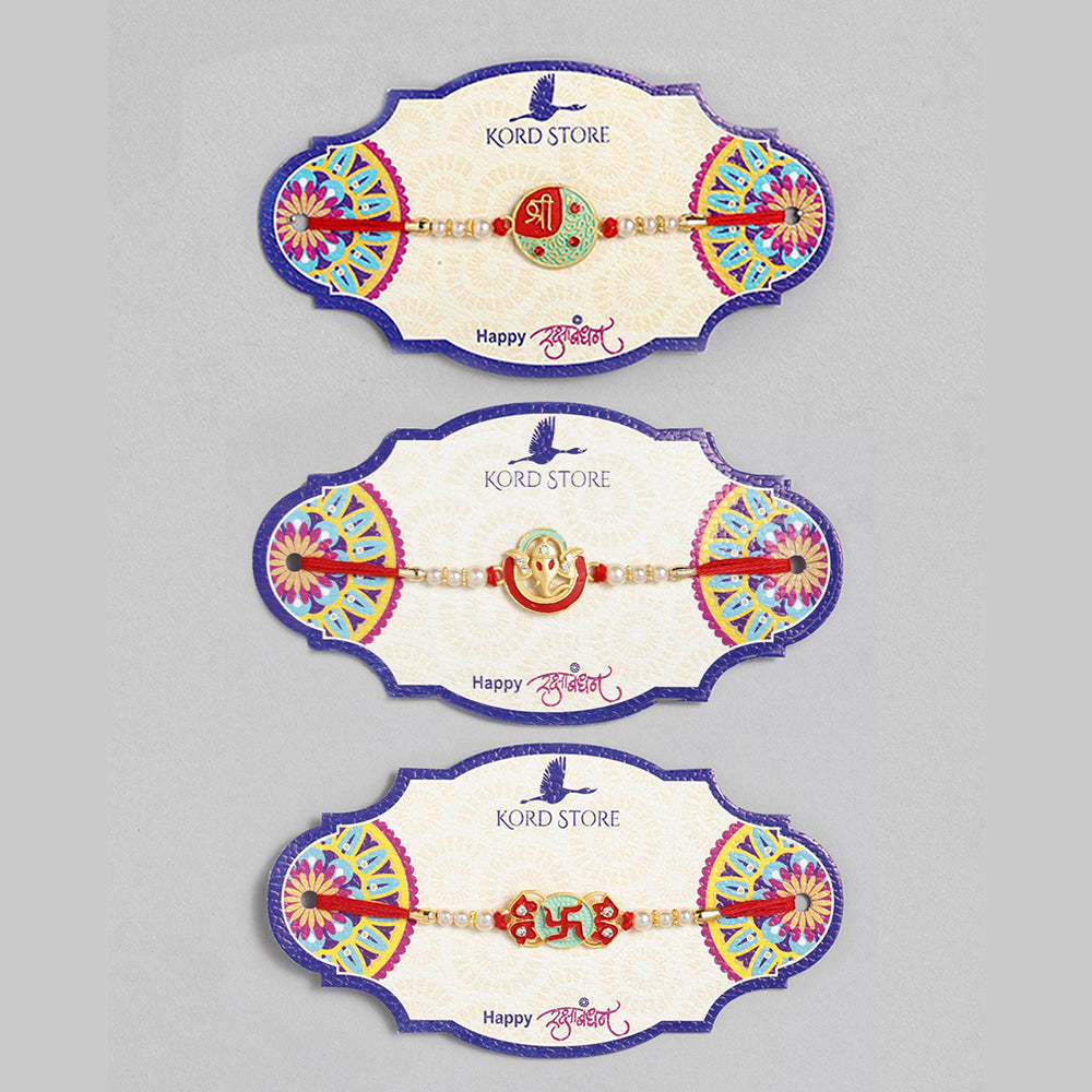 Kord Store 'Ganeshji/Swastik/Shree' Design Mint Green/Ruby Mina Multi Stone Rakhi Set Of 3 For Brother