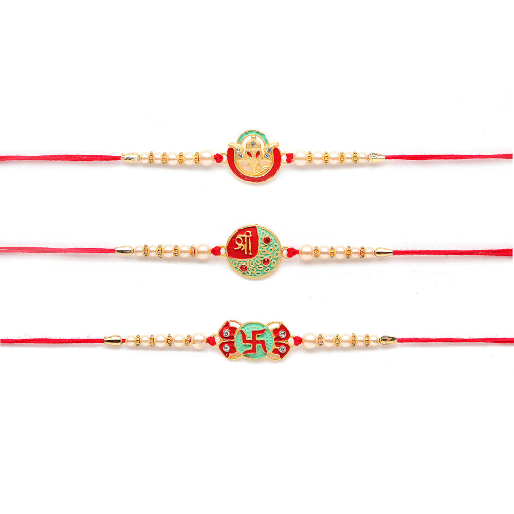 Kord Store 'Ganeshji/Swastik/Shree' Design Mint Green/Ruby Mina Multi Stone Rakhi Set Of 3 For Brother