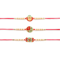 Kord Store 'Ganeshji/Swastik/Shree' Design Mint Green/Ruby Mina Multi Stone Rakhi Set Of 3 For Brother