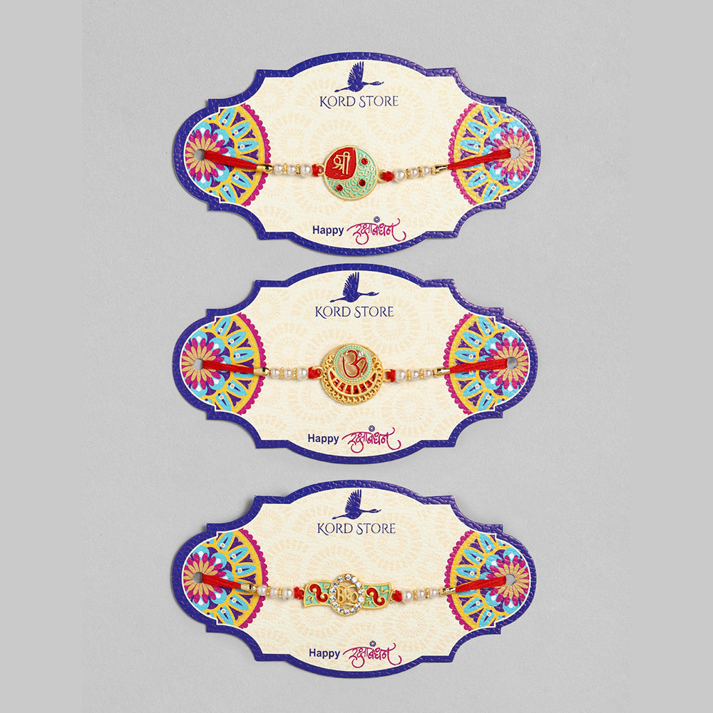 Kord Store 'Om/Shree/Bro' Design Mint Green/Ruby Mina Multi Stone Rakhi Set Of 3 For Brother