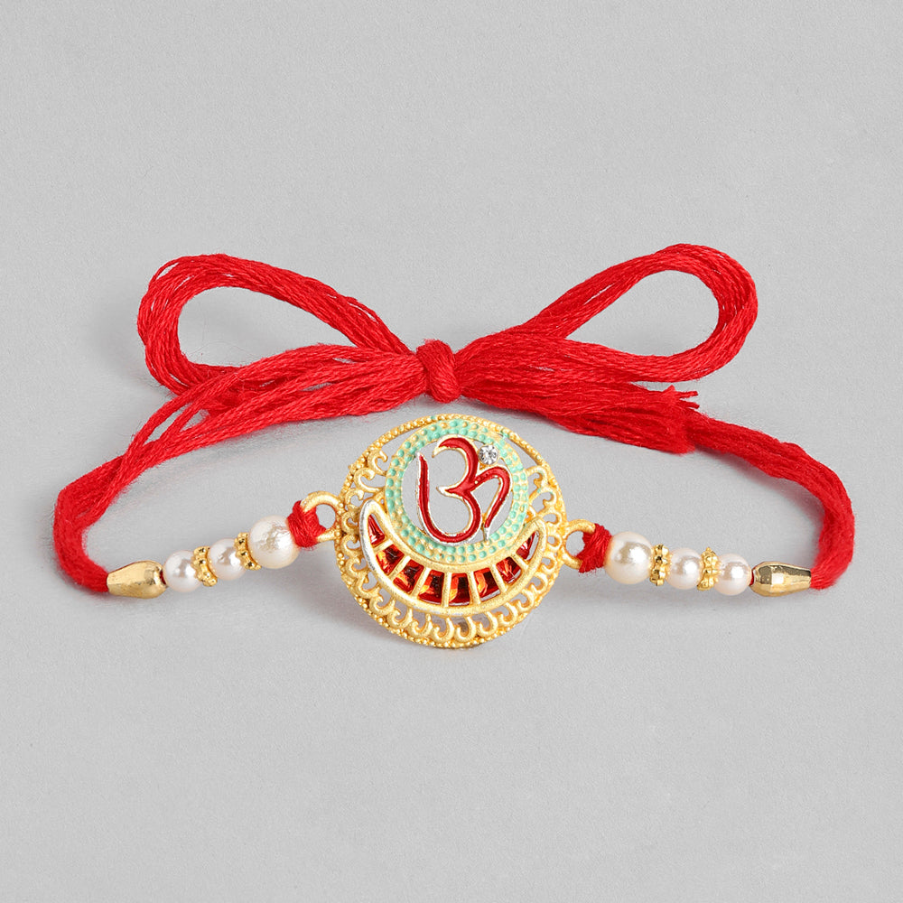 Kord Store 'Om/Shree/Bro' Design Mint Green/Ruby Mina Multi Stone Rakhi Set Of 3 For Brother