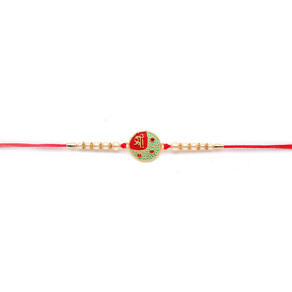 Kord Store 'Om/Shree/Bro' Design Mint Green/Ruby Mina Multi Stone Rakhi Set Of 3 For Brother