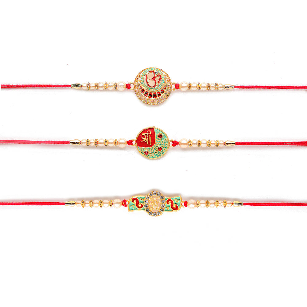Kord Store 'Om/Shree/Bro' Design Mint Green/Ruby Mina Multi Stone Rakhi Set Of 3 For Brother