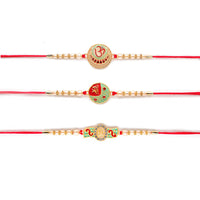 Kord Store 'Om/Shree/Bro' Design Mint Green/Ruby Mina Multi Stone Rakhi Set Of 3 For Brother