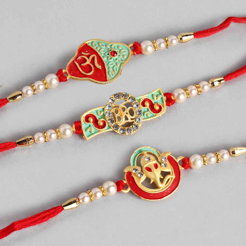 Kord Store 'Ganeshji/Om/Bro' Design Mint Green/Ruby Mina Multi Stone Rakhi Set Of 3 For Brother