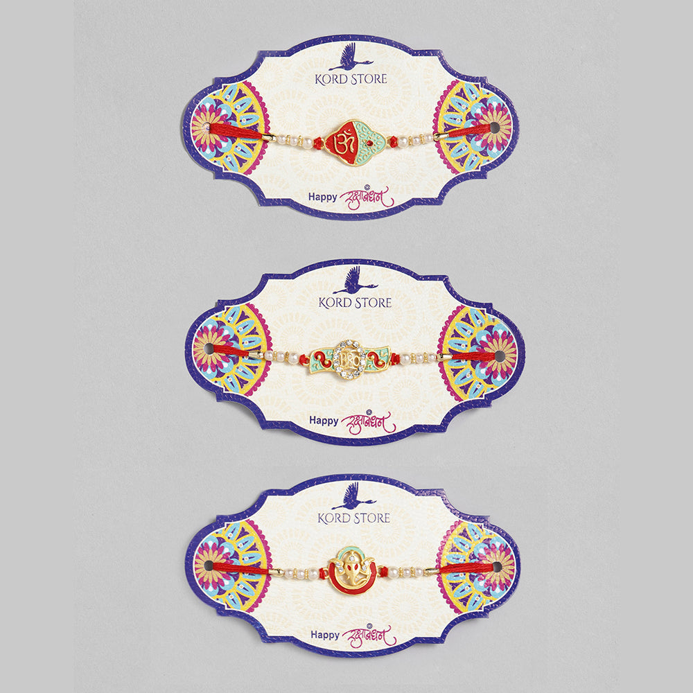 Kord Store 'Ganeshji/Om/Bro' Design Mint Green/Ruby Mina Multi Stone Rakhi Set Of 3 For Brother