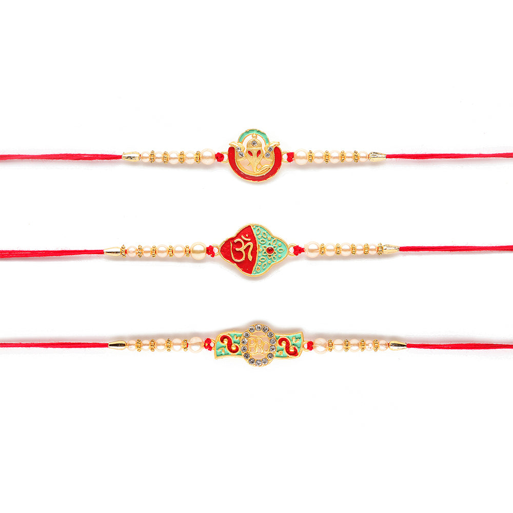 Kord Store 'Ganeshji/Om/Bro' Design Mint Green/Ruby Mina Multi Stone Rakhi Set Of 3 For Brother