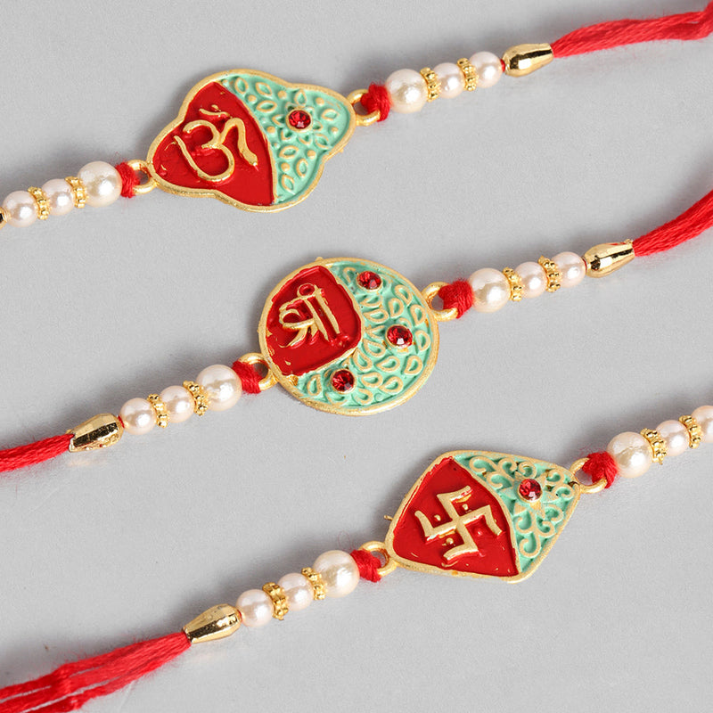 Kord Store 'Om/Shree/Swastik' Design Mint Green/Ruby Mina Multi Stone Rakhi Set Of 3 For Brothers