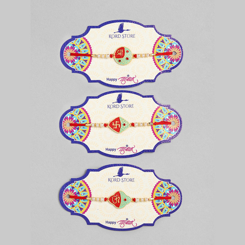 Kord Store 'Om/Shree/Swastik' Design Mint Green/Ruby Mina Multi Stone Rakhi Set Of 3 For Brothers