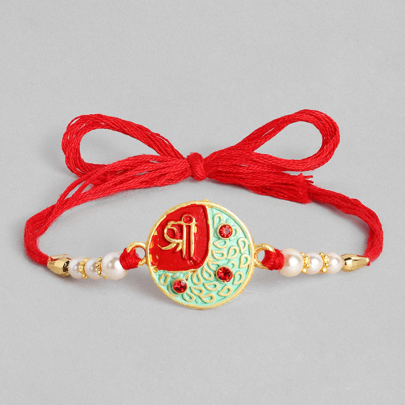 Kord Store 'Om/Shree/Swastik' Design Mint Green/Ruby Mina Multi Stone Rakhi Set Of 3 For Brothers