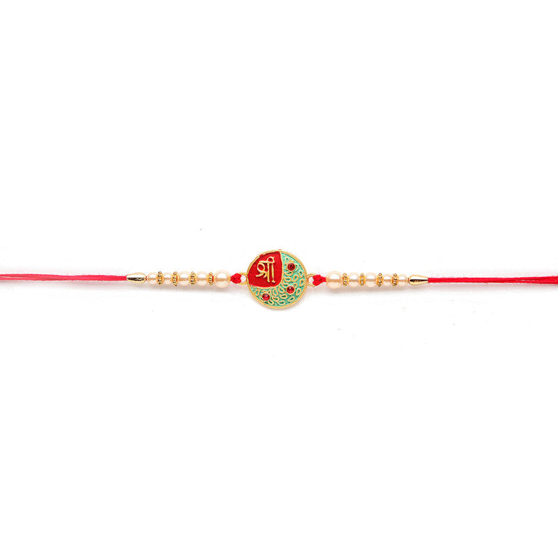 Kord Store 'Om/Shree/Swastik' Design Mint Green/Ruby Mina Multi Stone Rakhi Set Of 3 For Brothers