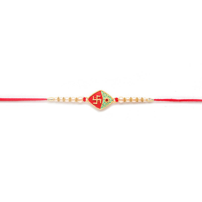 Kord Store 'Om/Shree/Swastik' Design Mint Green/Ruby Mina Multi Stone Rakhi Set Of 3 For Brothers