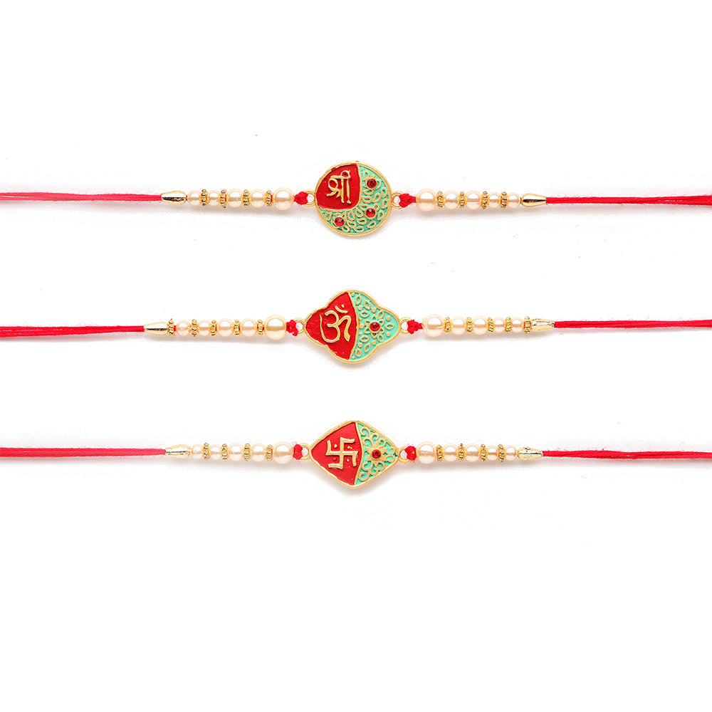 Kord Store 'Om/Shree/Swastik' Design Mint Green/Ruby Mina Multi Stone Rakhi Set Of 3 For Brothers