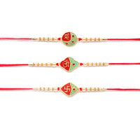 Kord Store 'Om/Shree/Swastik' Design Mint Green/Ruby Mina Multi Stone Rakhi Set Of 3 For Brothers