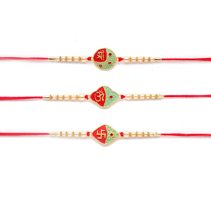 Kord Store 'Om/Shree/Swastik' Design Mint Green/Ruby Mina Multi Stone Rakhi Set Of 3 For Brothers