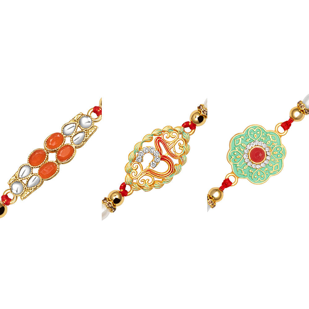 Kord Store "OM" Design Multi-Color Stone & Pearl Gold Plated Set of 3 Rakhi Combo For Brother
