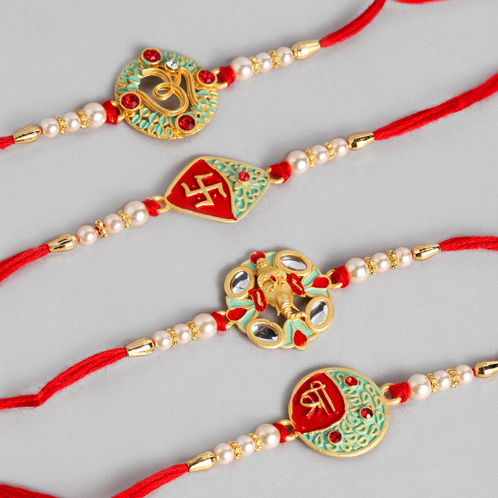 Kord Store 'Om/Shree/Swastik/Ganeshji' Design Mint Green/Ruby Mina Multi Stone Rakhi Set Of 4 For Brother