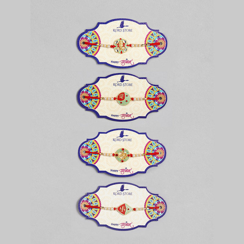 Kord Store 'Om/Shree/Swastik/Ganeshji' Design Mint Green/Ruby Mina Multi Stone Rakhi Set Of 4 For Brother