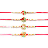 Kord Store 'Om/Shree/Swastik/Ganeshji' Design Mint Green/Ruby Mina Multi Stone Rakhi Set Of 4 For Brother