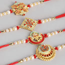 Kord Store 'Ganeshji/Swastik/Om' Design Mint Green/Ruby Mina Multi Stone Rakhi Set Of 4 For Brother