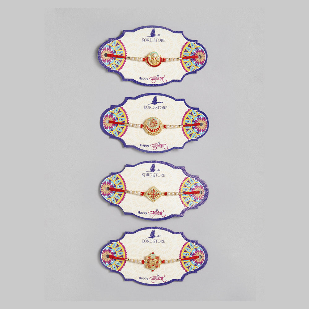 Kord Store 'Ganeshji/Swastik/Om' Design Mint Green/Ruby Mina Multi Stone Rakhi Set Of 4 For Brother