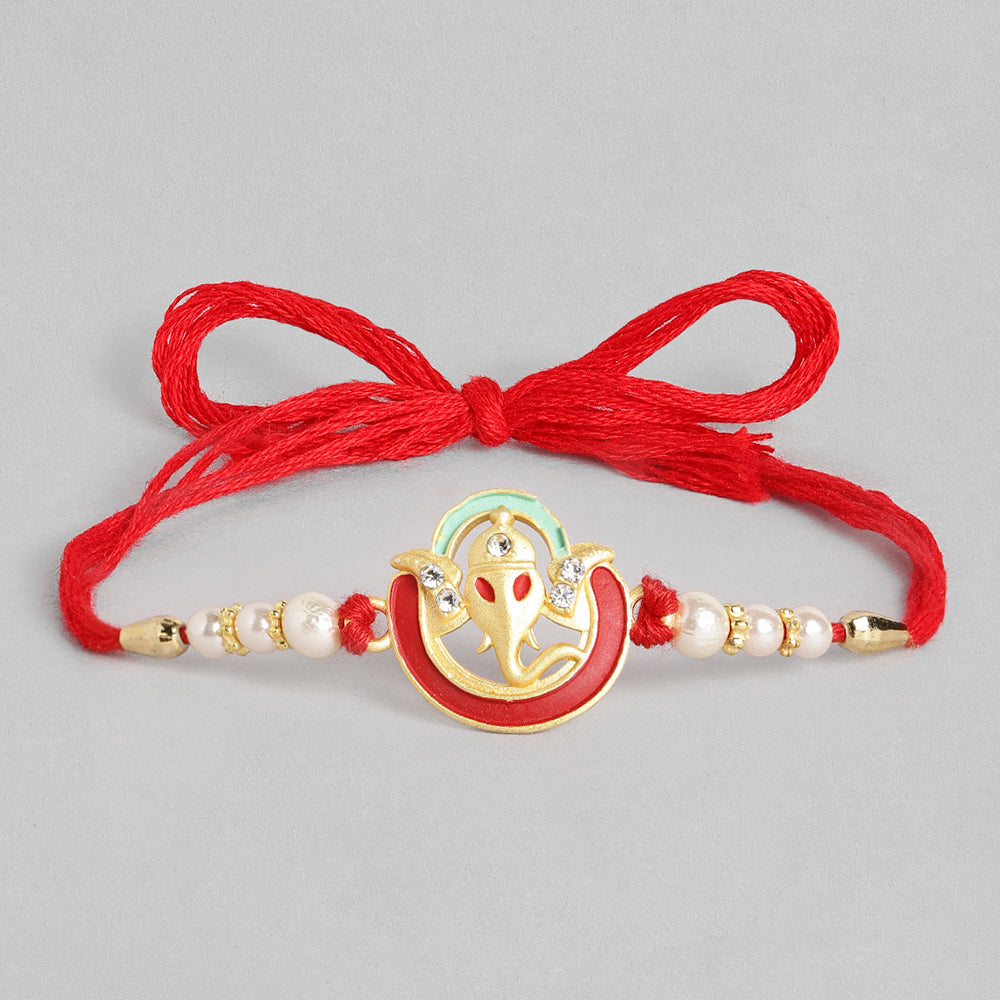 Kord Store 'Ganeshji/Swastik/Om' Design Mint Green/Ruby Mina Multi Stone Rakhi Set Of 4 For Brother