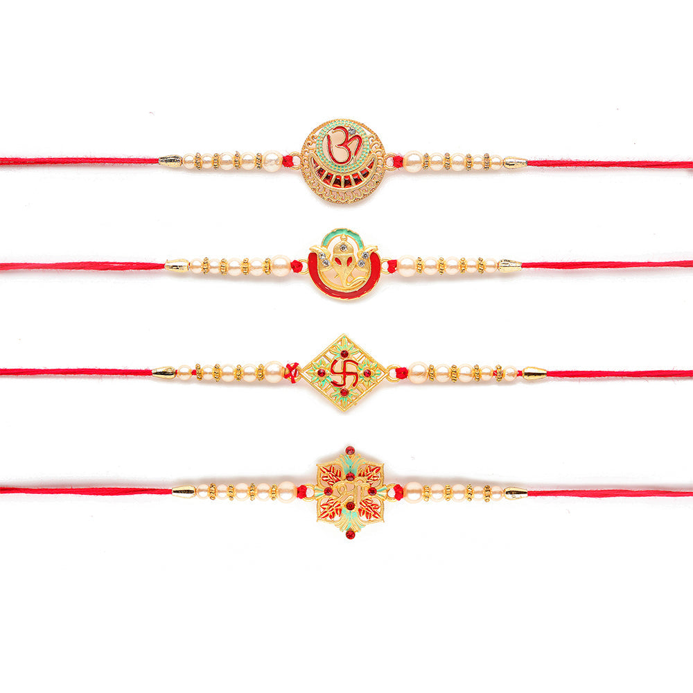 Kord Store 'Ganeshji/Swastik/Om' Design Mint Green/Ruby Mina Multi Stone Rakhi Set Of 4 For Brother