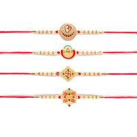 Kord Store 'Ganeshji/Swastik/Om' Design Mint Green/Ruby Mina Multi Stone Rakhi Set Of 4 For Brother