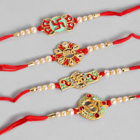 Kord Store 'Bro/Om/Swastik' Design Mint Green/Ruby Mina Multi Stone Rakhi Set Of 4 For Brother