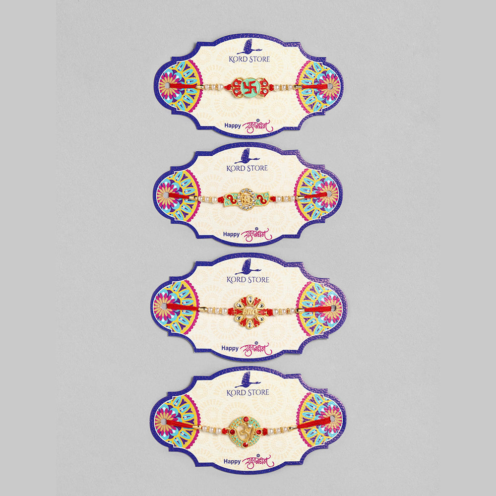 Kord Store 'Bro/Om/Swastik' Design Mint Green/Ruby Mina Multi Stone Rakhi Set Of 4 For Brother