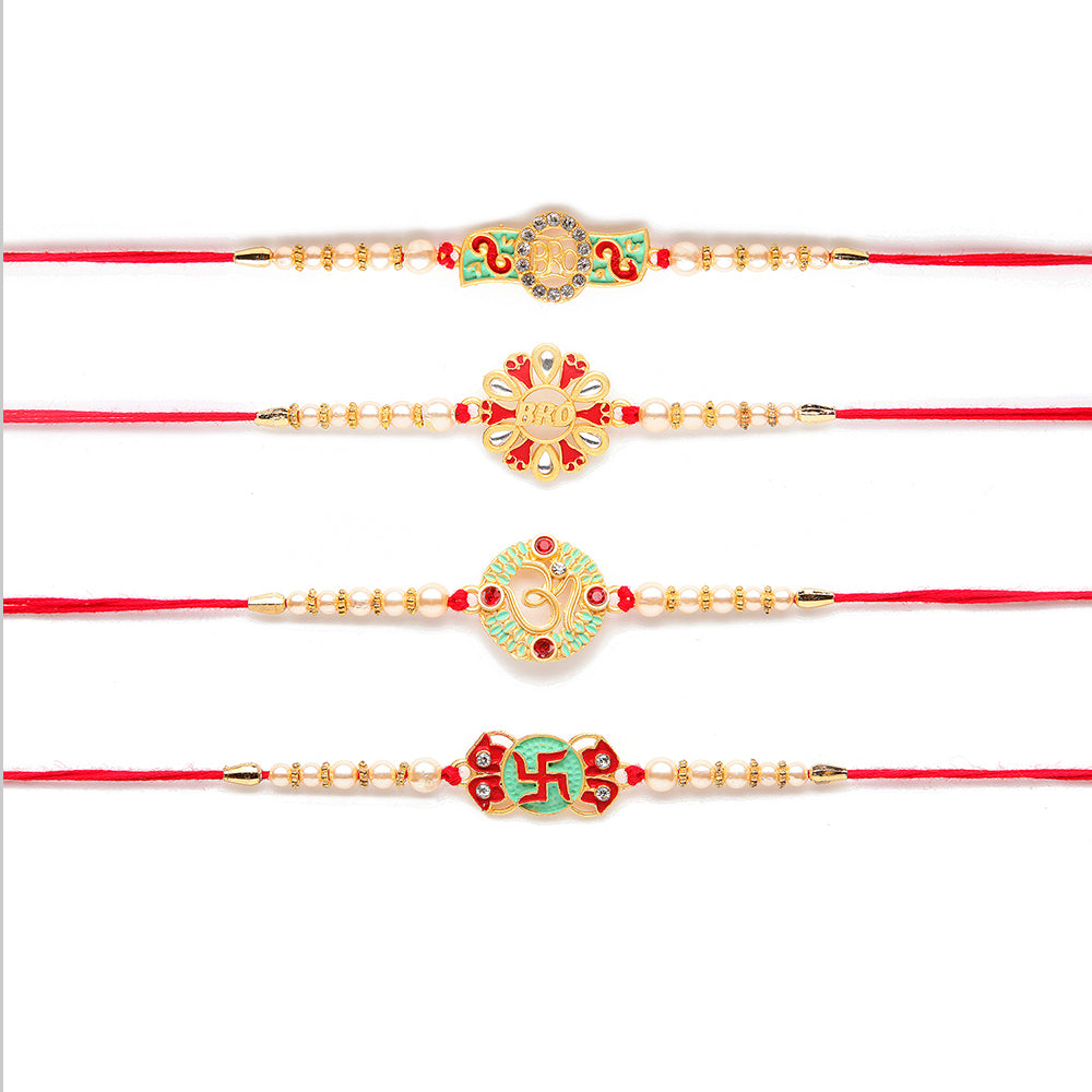 Kord Store 'Bro/Om/Swastik' Design Mint Green/Ruby Mina Multi Stone Rakhi Set Of 4 For Brother