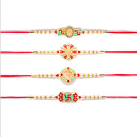 Kord Store 'Bro/Om/Swastik' Design Mint Green/Ruby Mina Multi Stone Rakhi Set Of 4 For Brother